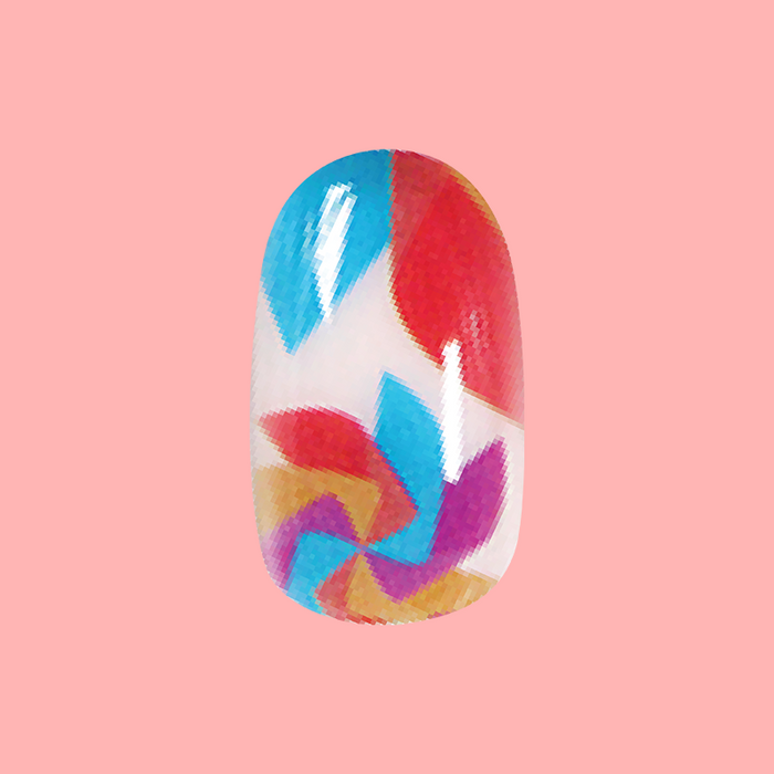 Spinning Pinwheel - Press-On | Short | Round showing colorful pinwheel design on neutral base for quick mani at home