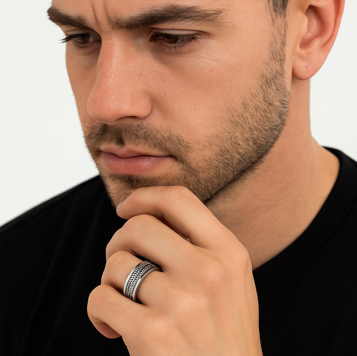 Stainless Steel Men's Silver Center Braided Ring
