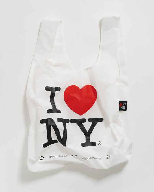 Reusable tote bag with black “I ♥ NY” text and red heart