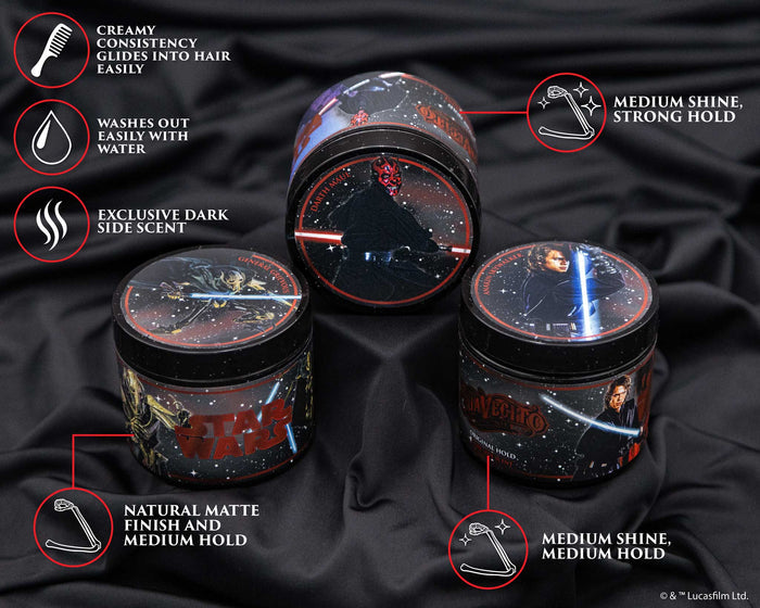 Three Suavecito Pomades with Star Wars branding on a black fabric background
