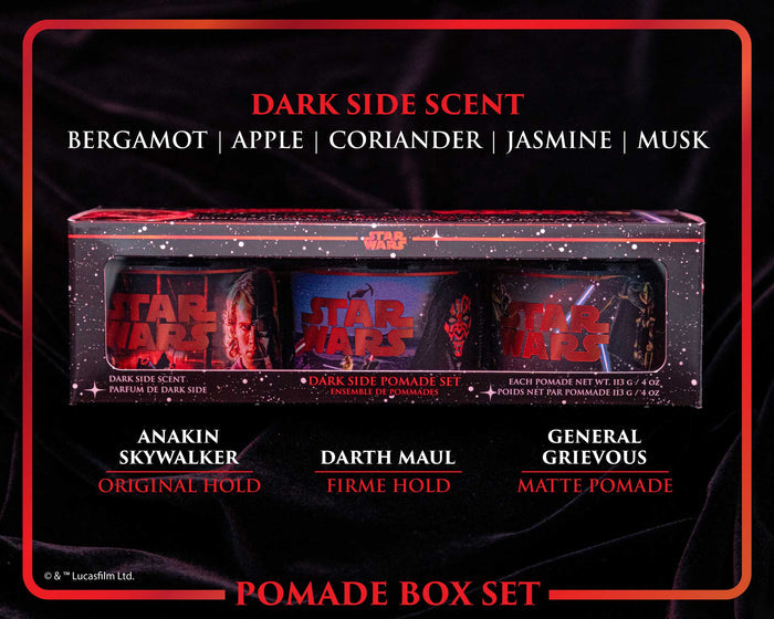Star Wars pomade box set with three pomades on a dark background
