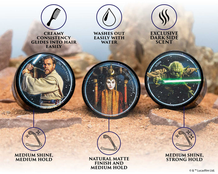 Three Suavecito Pomades with characters from Star Wars, each labeled with a feature.