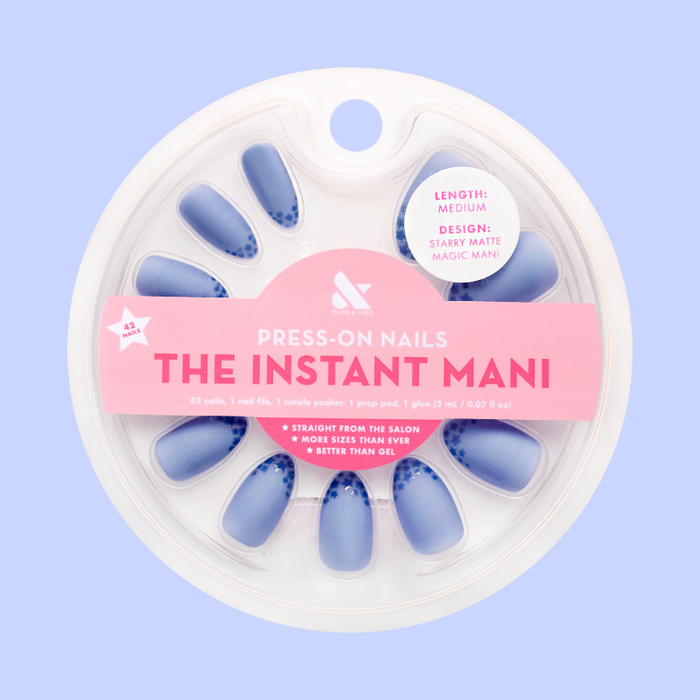 Starry Matte Magic Mani - Press-On | Medium | Almond featuring matte blue nails with glossy star accents in almond shape set