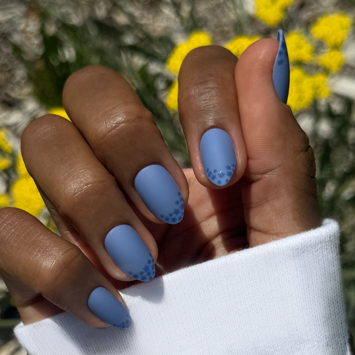 Starry Matte Magic Mani - Press-On | Medium | Almond with matte blue nails and subtle star accents on almond-shaped press-on manicure