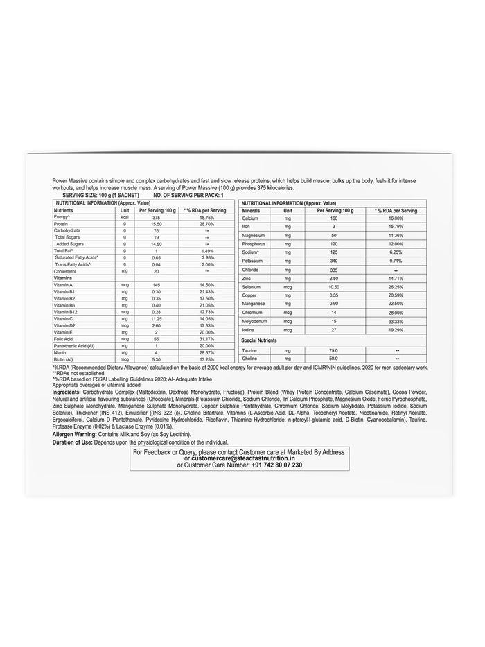 Steadfast Nutrition Power Massive Muscle Mass Gainer - Chocolate (30 Sachets)
