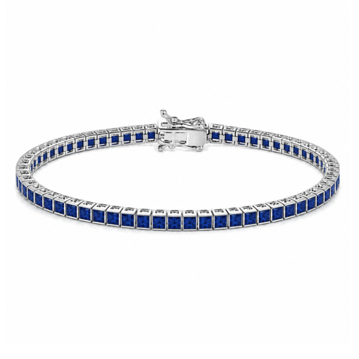 Sterling Silver Princess Cut Sapphire Blue CZ Tennis Bracelet – 3mm Stones