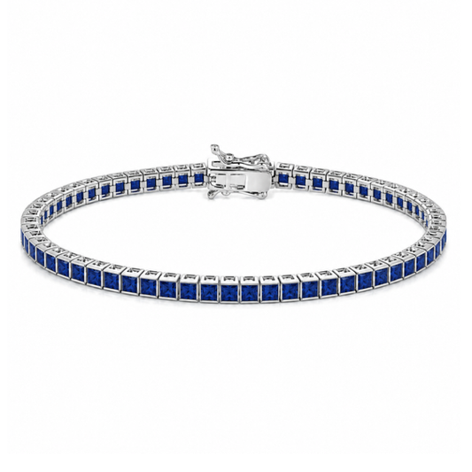 Sterling Silver Princess Cut Sapphire Blue CZ Tennis Bracelet – 3mm Stones