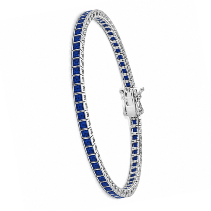 Sterling Silver Princess Cut Sapphire Blue CZ Tennis Bracelet – 3mm Stones