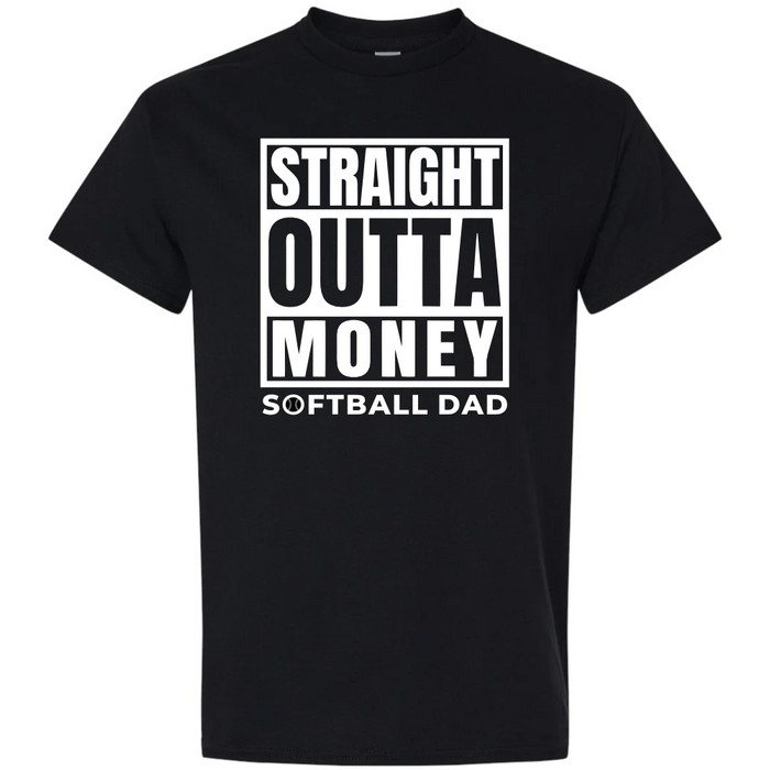 The DSG Apparel Straight Outta Money Softball Dad Softstyle Short Sleeve Shirt is a black tee with bold white block text—a perfect choice for softball fans seeking a classic and comfortable style.
