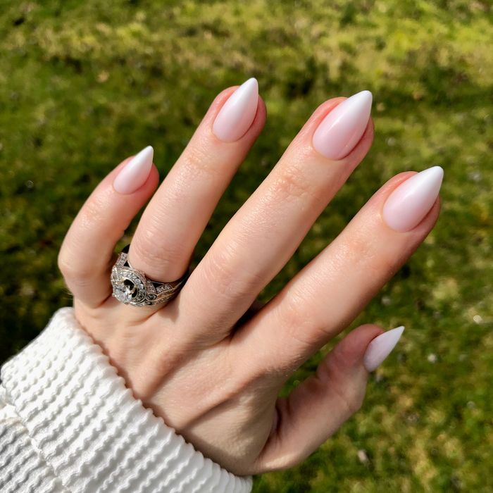 Strawberry Gradient - Press-On | Medium | Stiletto showing hand with medium stiletto nails in soft pink and white gradient polish