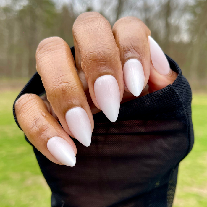 Strawberry Gradient - Press-On | Medium | Stiletto showing medium stiletto nails with soft pink and white gradient manicure