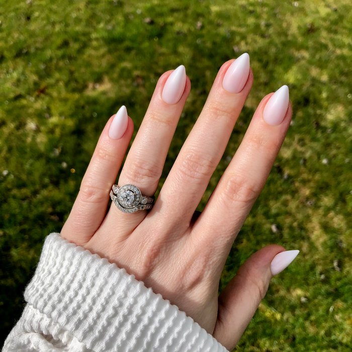 Strawberry Gradient - Press-On | Medium | Stiletto showing hand with medium stiletto nails in soft pink and white gradient polish