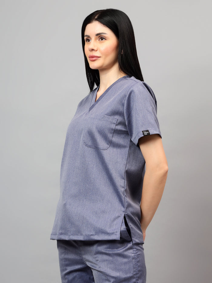 Stretchable (2Way) Women Denim Blue Texture V-Neck Scrub Top