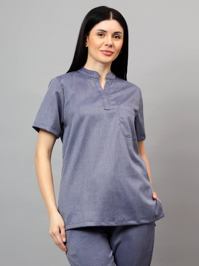 Stretchable (2Way) Women Denim Blue Textured Mandarin Neck Scrub Top