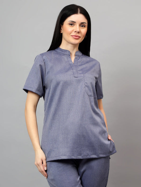 Stretchable (2Way) Women Denim Blue Textured Mandarin Neck Scrub Top