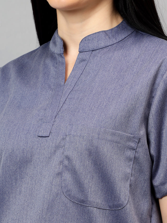 Stretchable (2Way) Women Denim Blue Textured Mandarin Neck Scrub Top