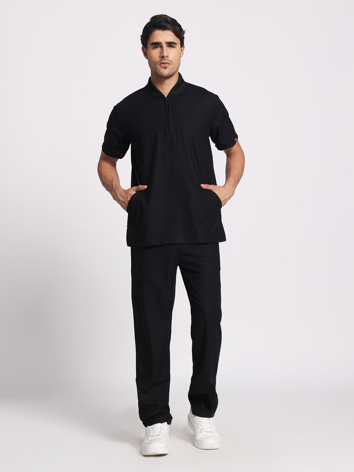 Stretchable (4Way) Black Men Flex Zip Neckline Top With Straight Pants