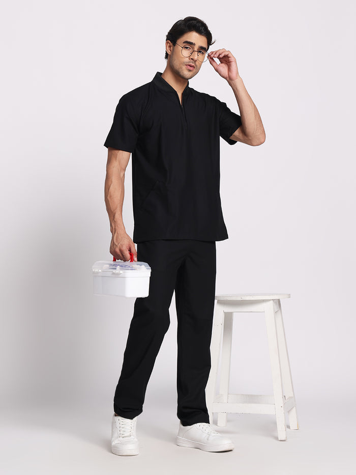 Stretchable (4Way) Black Men Flex Zip Neckline Top With Straight Pants