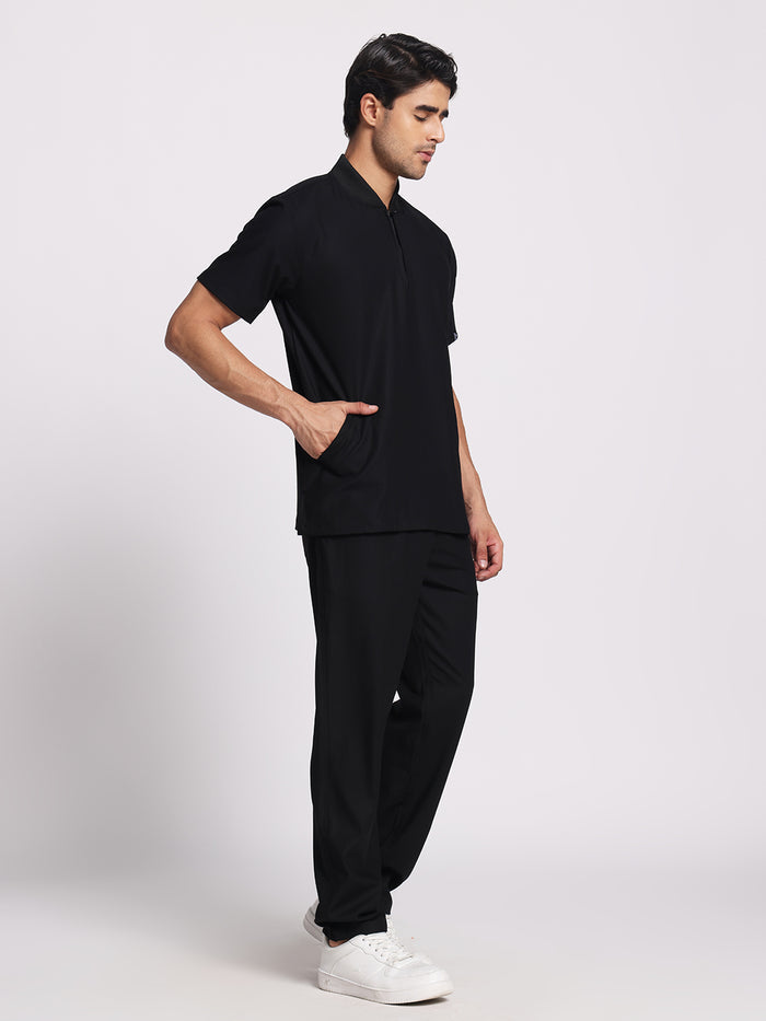 Stretchable (4Way) Black Men Flex Zip Neckline Top With Straight Pants