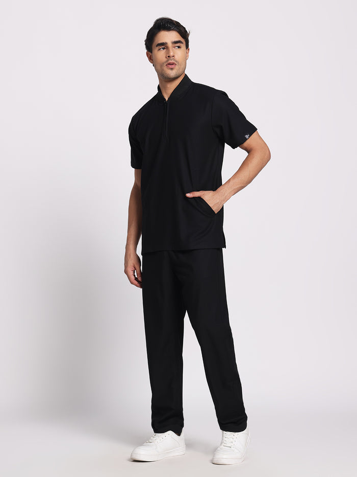 Stretchable (4Way) Black Men Flex Zip Neckline Top With Straight Pants