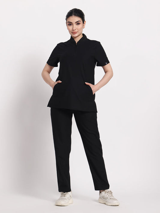 Stretchable (4Way) Black Women Flex Zip Neckline Top With Straight Pants