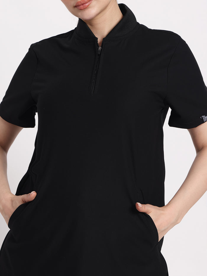 Stretchable (4Way) Black Women Flex Zip Neckline Top With Straight Pants
