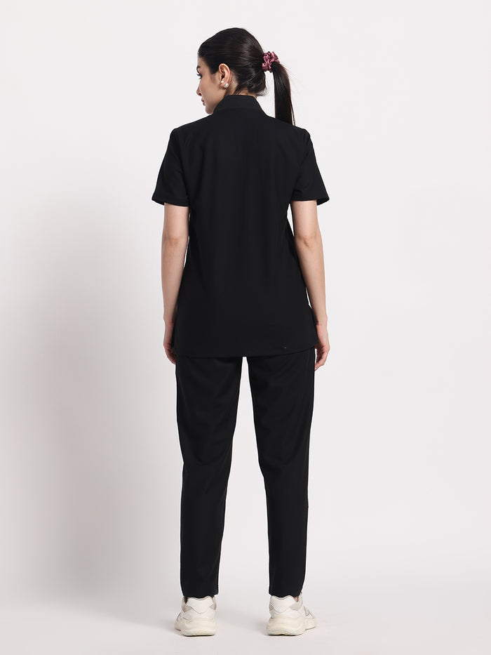 Stretchable (4Way) Black Women Flex Zip Neckline Top With Straight Pants