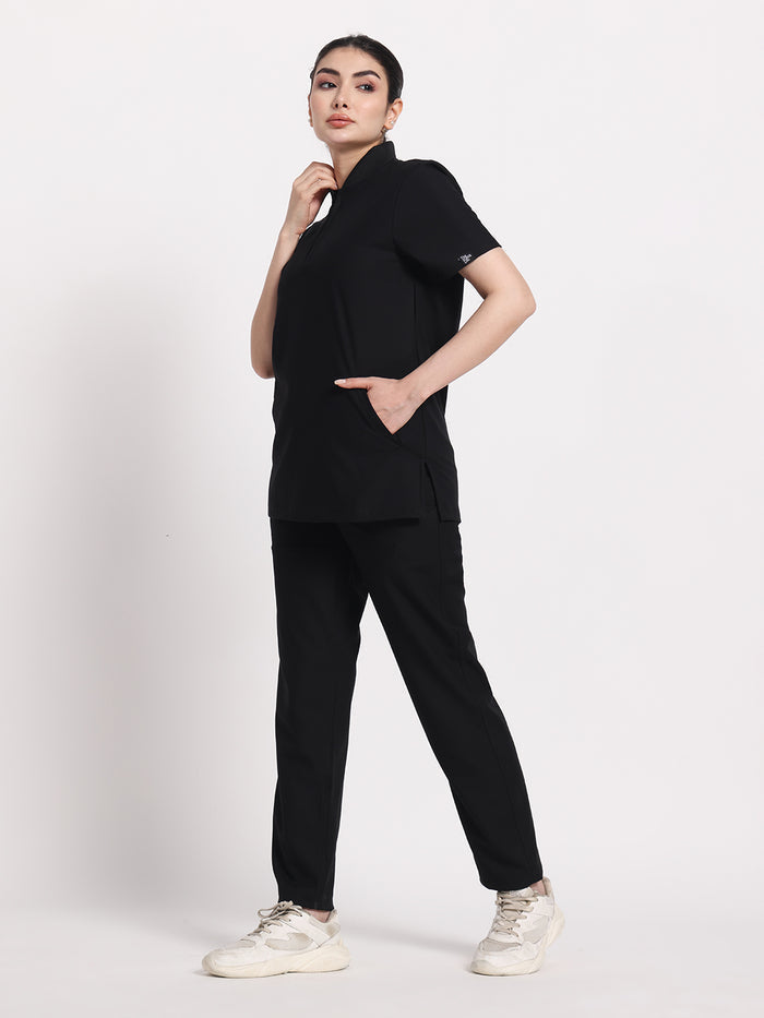 Stretchable (4Way) Black Women Flex Zip Neckline Top With Straight Pants