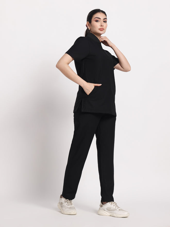 Stretchable (4Way) Black Women Flex Zip Neckline Top With Straight Pants