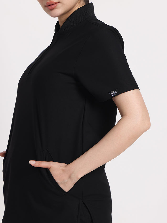 Stretchable (4Way) Black Women Flex Zip Neckline Top With Straight Pants