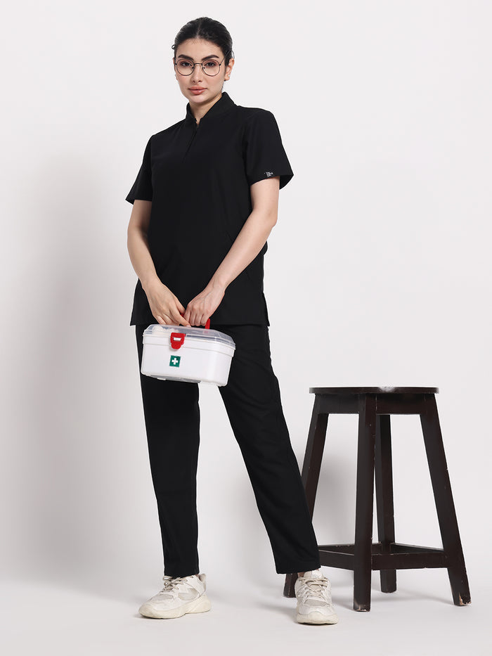 Stretchable (4Way) Black Women Flex Zip Neckline Top With Straight Pants