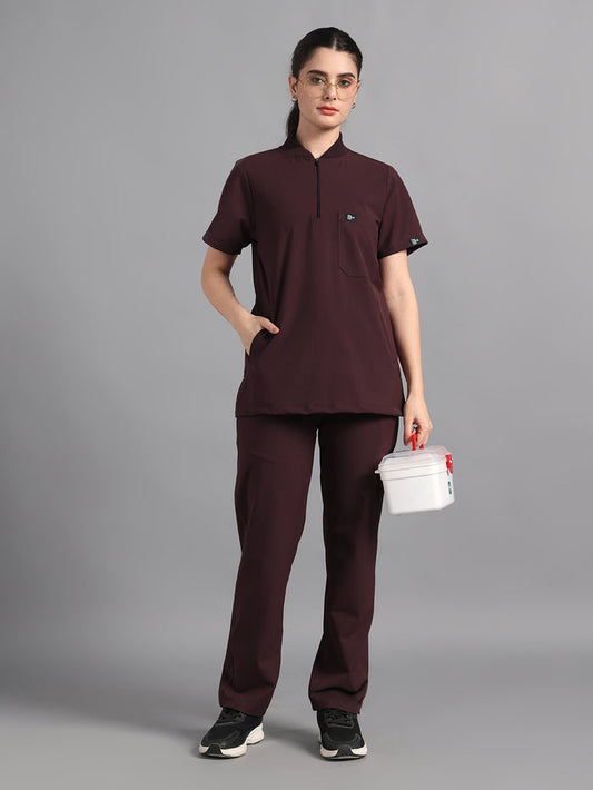 Stretchable (4Way) Burgundy Women Flex Zip Neckline Top With Straight Pants