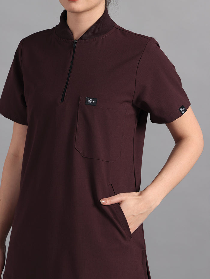 Stretchable (4Way) Burgundy Women Flex Zip Neckline Top With Straight Pants