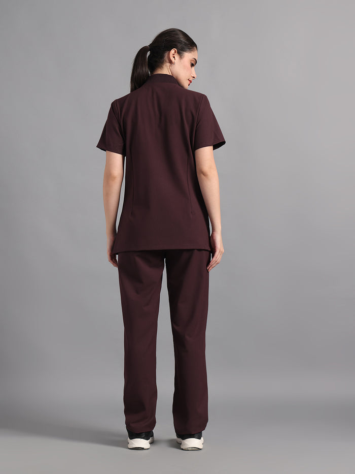 Stretchable (4Way) Burgundy Women Flex Zip Neckline Top With Straight Pants