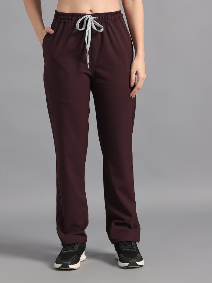 Stretchable (4Way) Burgundy Women Flex Zip Neckline Top With Straight Pants