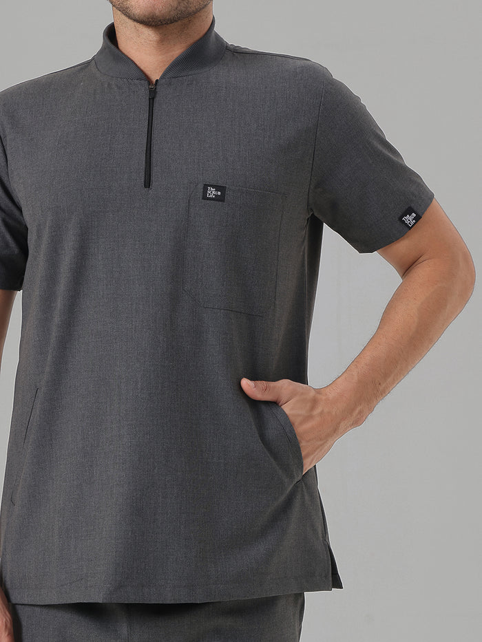 Stretchable (4Way) Charcoal Grey Men Flex Zip Neckline Top With Straight Pants
