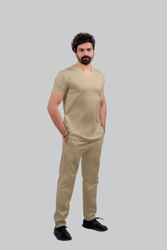 Stretchable (4Way) Men Beige V-Neck With Straight Pant Scrub Set