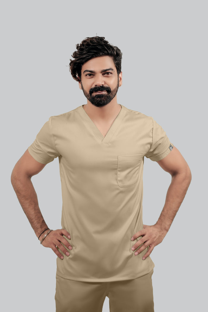 Stretchable (4Way) Men Beige V-Neck With Straight Pant Scrub Set