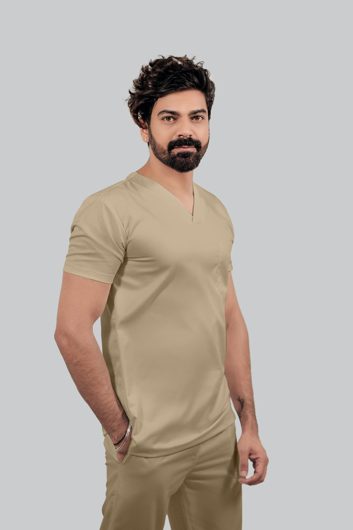 Stretchable (4Way) Men Beige V-Neck With Straight Pant Scrub Set