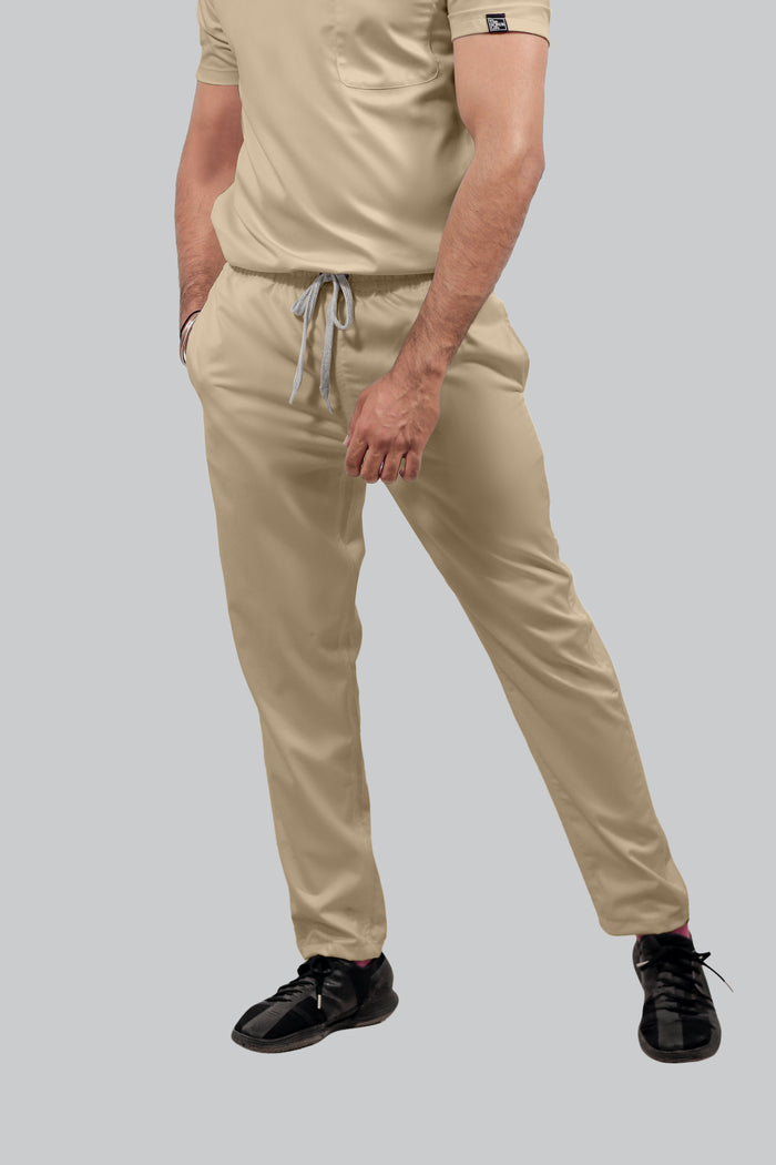 Stretchable (4Way) Men Beige V-Neck With Straight Pant Scrub Set