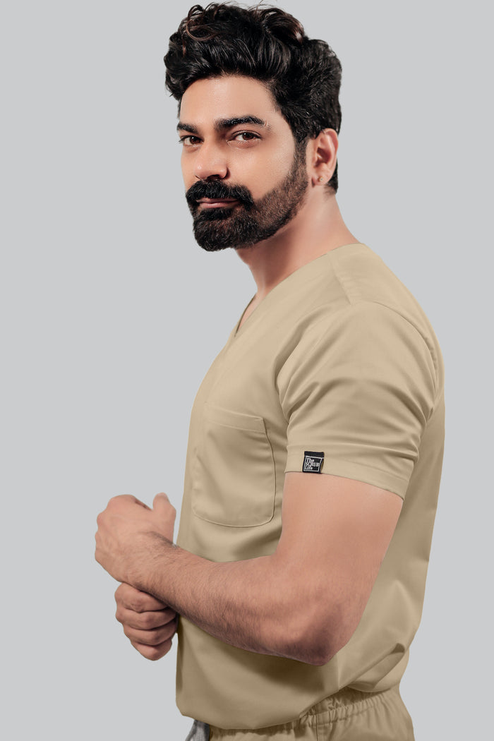 Stretchable (4Way) Men Beige V-Neck With Straight Pant Scrub Set