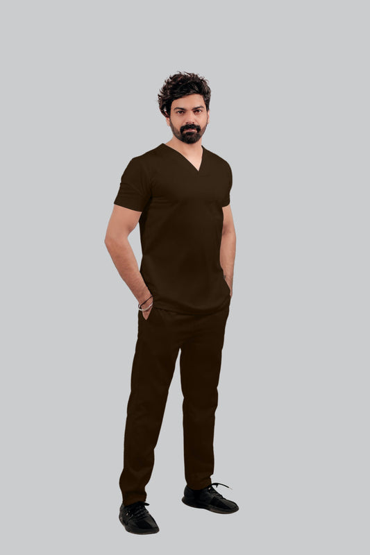 Stretchable (4Way) Men Brown V-Neck With Straight Pant Scrub Set