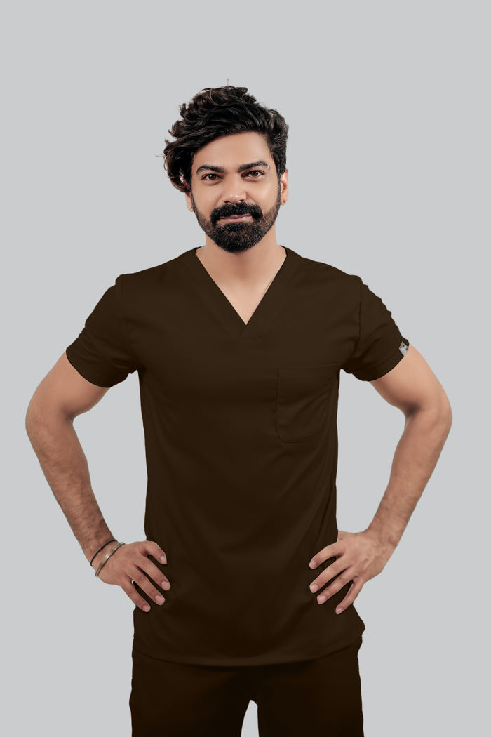 Stretchable (4Way) Men Brown V-Neck With Straight Pant Scrub Set
