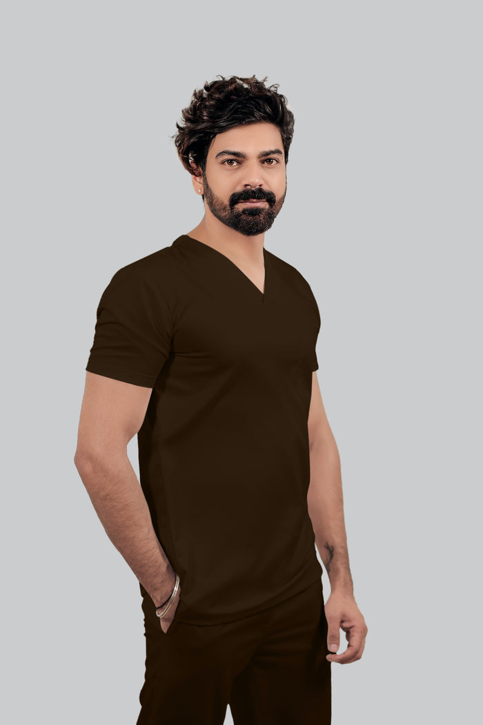 Stretchable (4Way) Men Brown V-Neck With Straight Pant Scrub Set