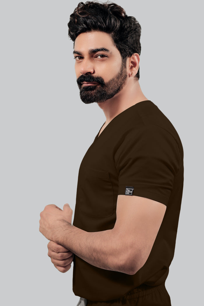 Stretchable (4Way) Men Brown V-Neck With Straight Pant Scrub Set