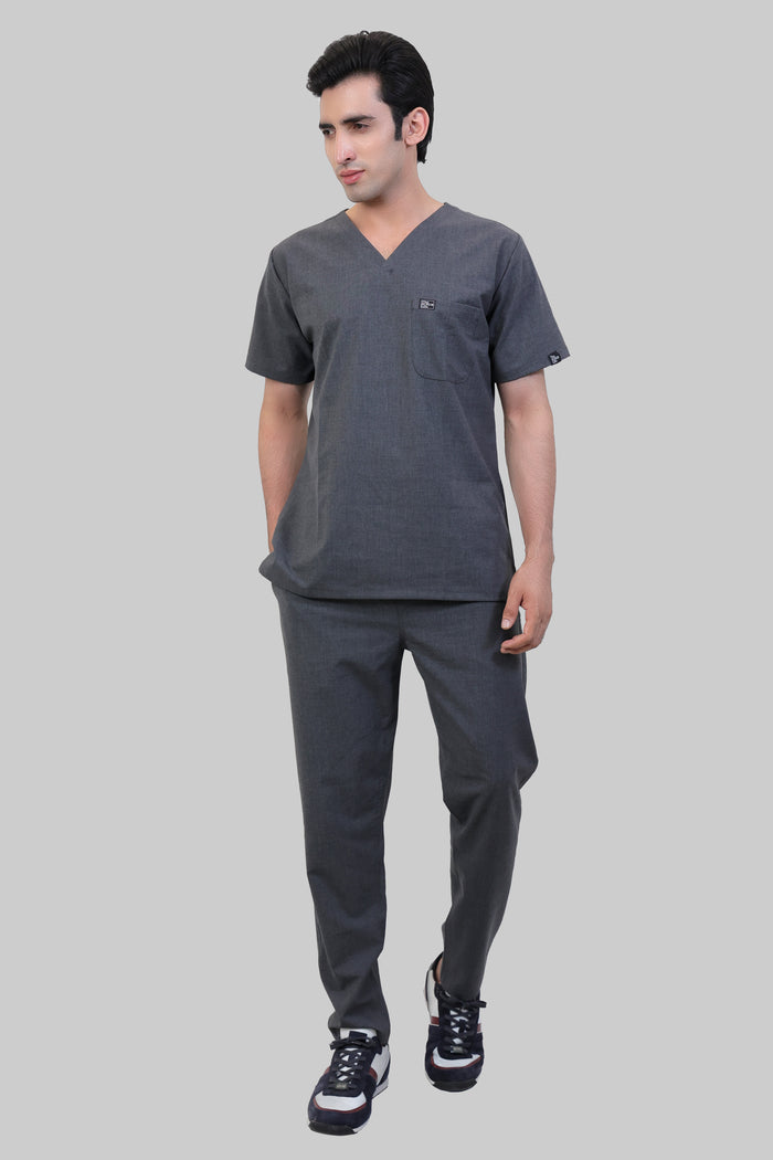Stretchable (4Way) Men Charcoal Grey V-Neck With Straight Pant Scrub Set