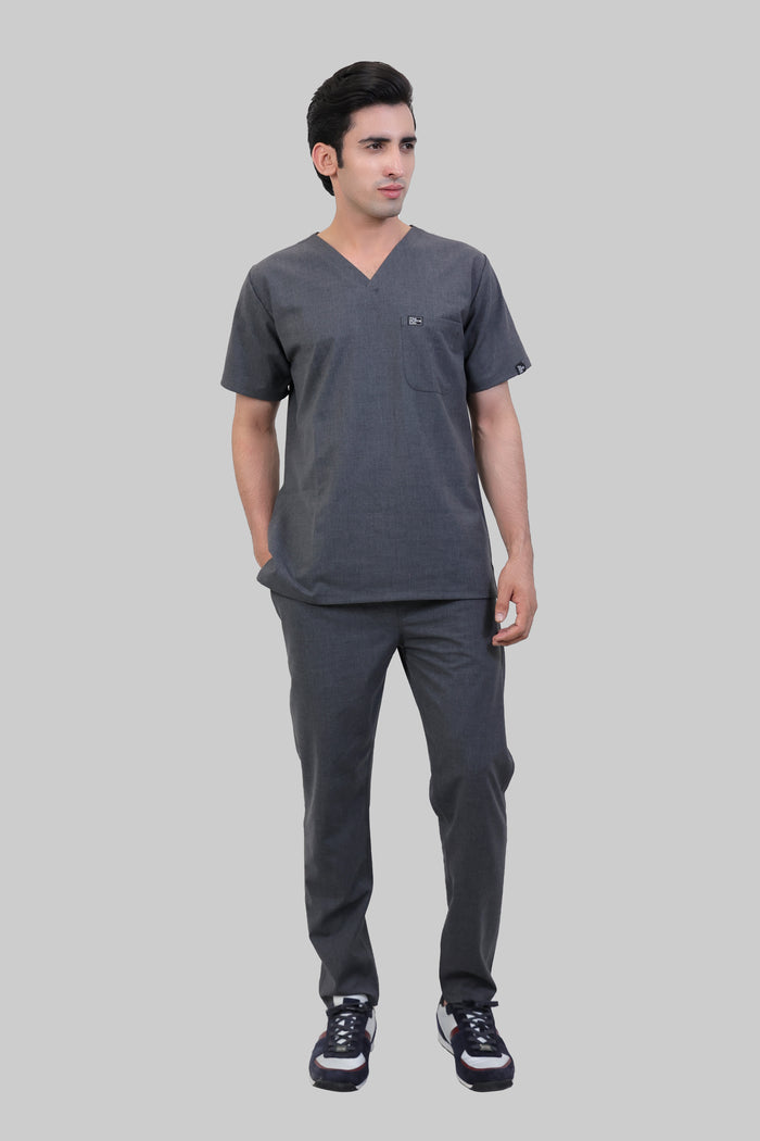 Stretchable (4Way) Men Charcoal Grey V-Neck With Straight Pant Scrub Set