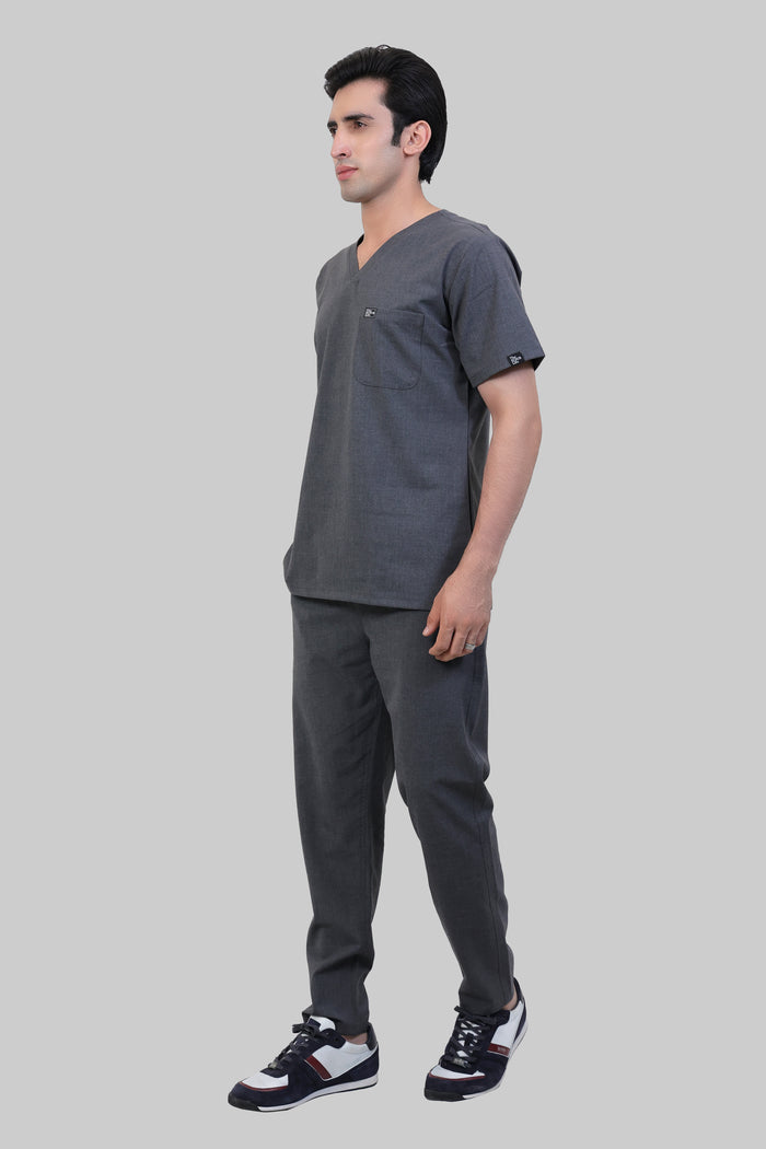 Stretchable (4Way) Men Charcoal Grey V-Neck With Straight Pant Scrub Set