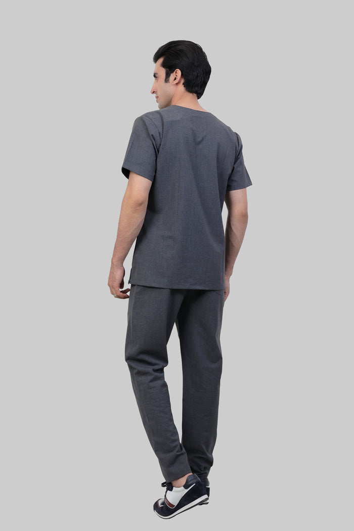 Stretchable (4Way) Men Charcoal Grey V-Neck With Straight Pant Scrub Set