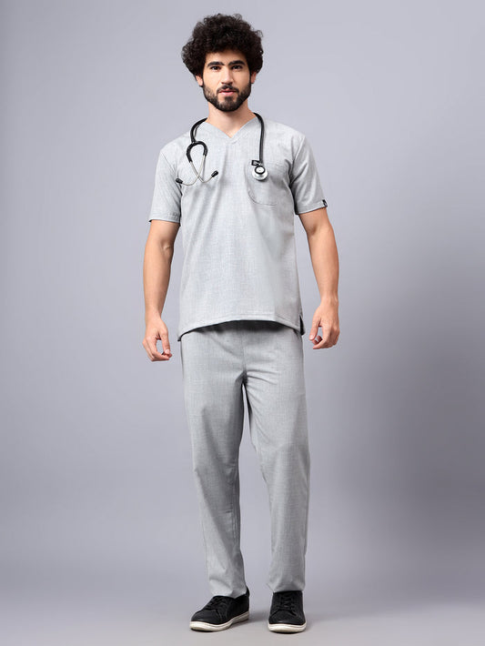 Stretchable (4Way) Men Light Grey V-Neck With Straight Pant Scrub Set